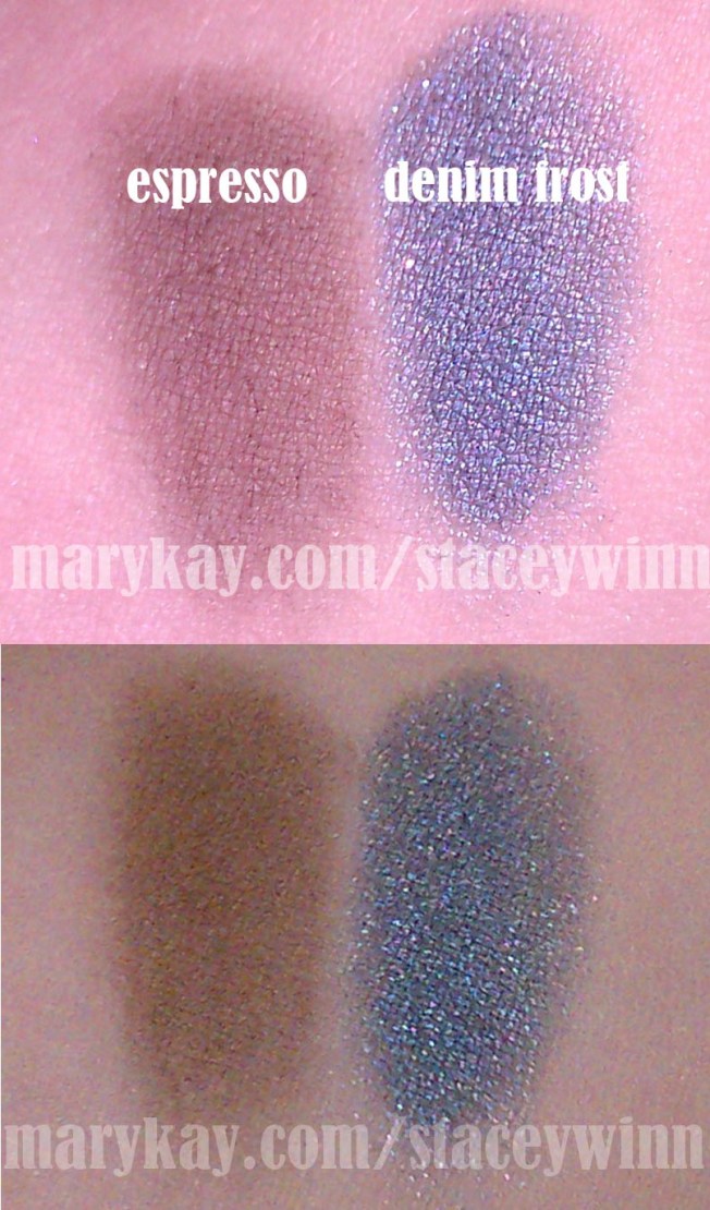 Swatch of Mary Kay Espresso (matte brown) and denim frost (blue shimmer) eyeshadows